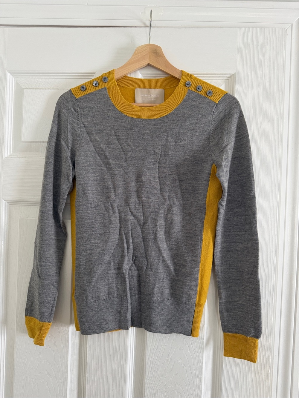 Banana Republic Gray and Mustard Crewneck Sweater with Shoulder Buttons